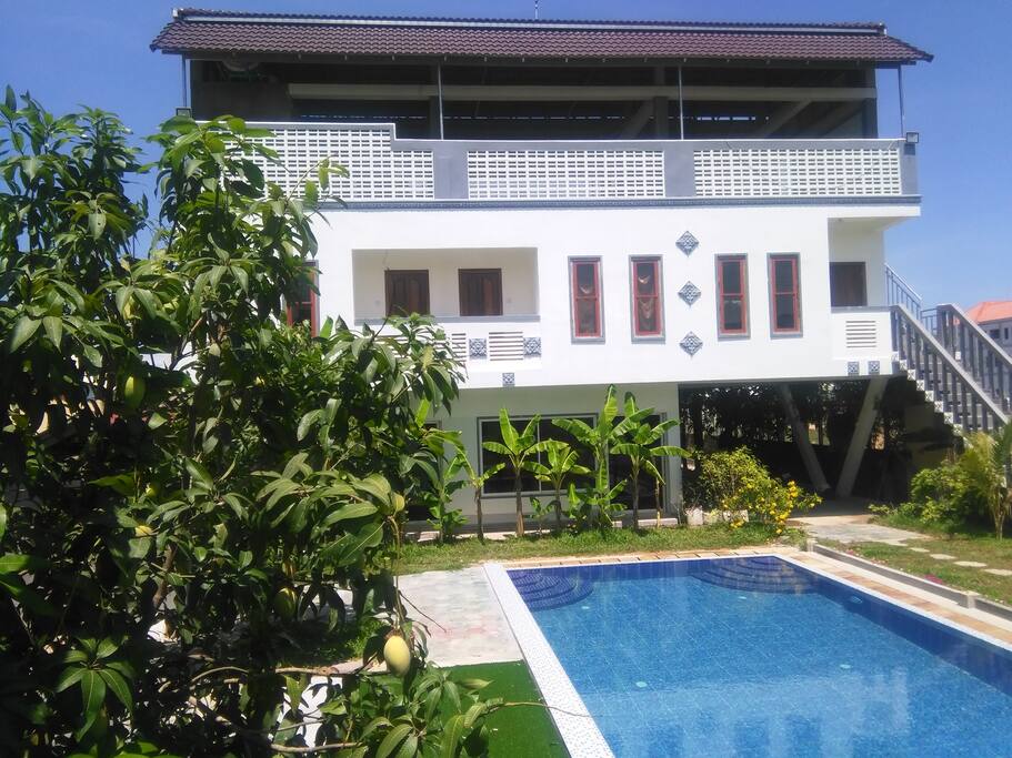 Pool with Clear Blue water. Fruit trees Mango, Banana, Soursop, Tamarind and Jasmin flowers...