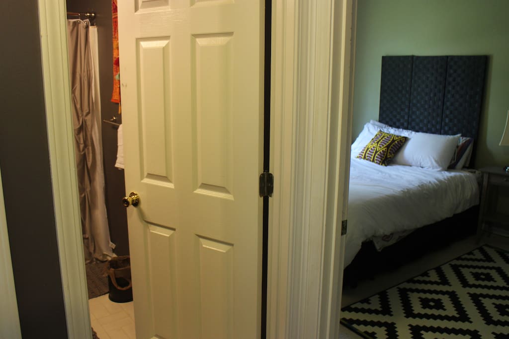 Bathroom is next door to the bedroom.