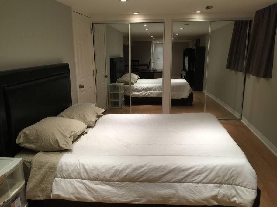 Big mirrored closets to store away your clothes, and your comfortable double bed await you.