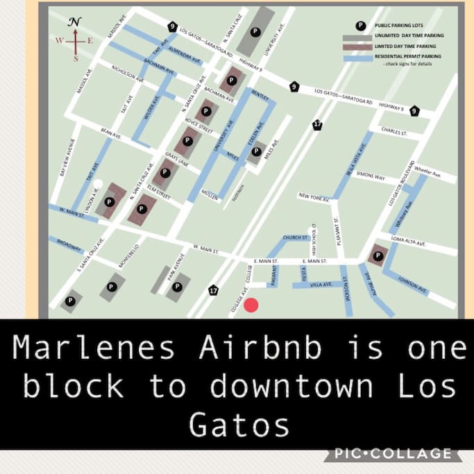 The Airbnb is just about 1 block to downtown Los Gatos. You will see a red dot on this map which shows you the actual location of the Airbnb in relationship to downtown. Everything is within walking distance.
Our space is very popular for local weddings, business clients, school reunion’s, visiting families, And just about anyone who loves coming to Los Gatos and not having to stay at an expensive hotel
