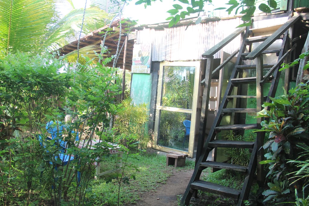 Steps up to the treehouse aloft with the birds. Room upstairs with double bed, fan and mosquito net