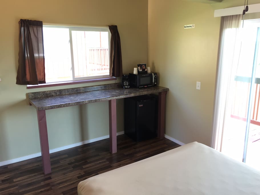 Coffee maker, microwave, fridge.