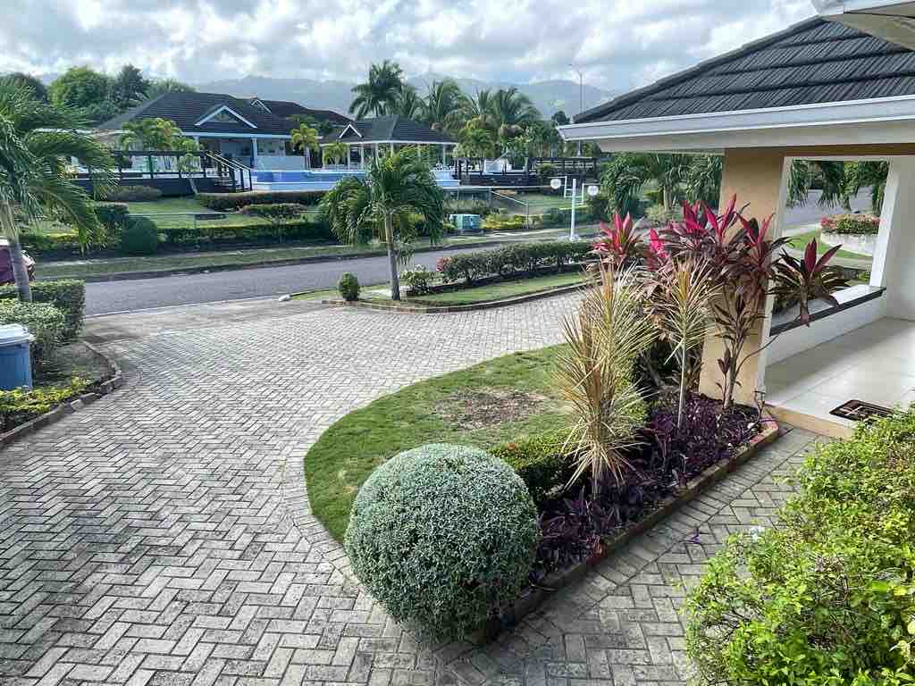 A well-maintained driveway is framed by lush landscaping, featuring neatly trimmed shrubs and colorful tropical plants. The view includes a glimpse of neighboring homes, with palm trees lining the street, creating a serene atmosphere against the backdrop of distant mountains.