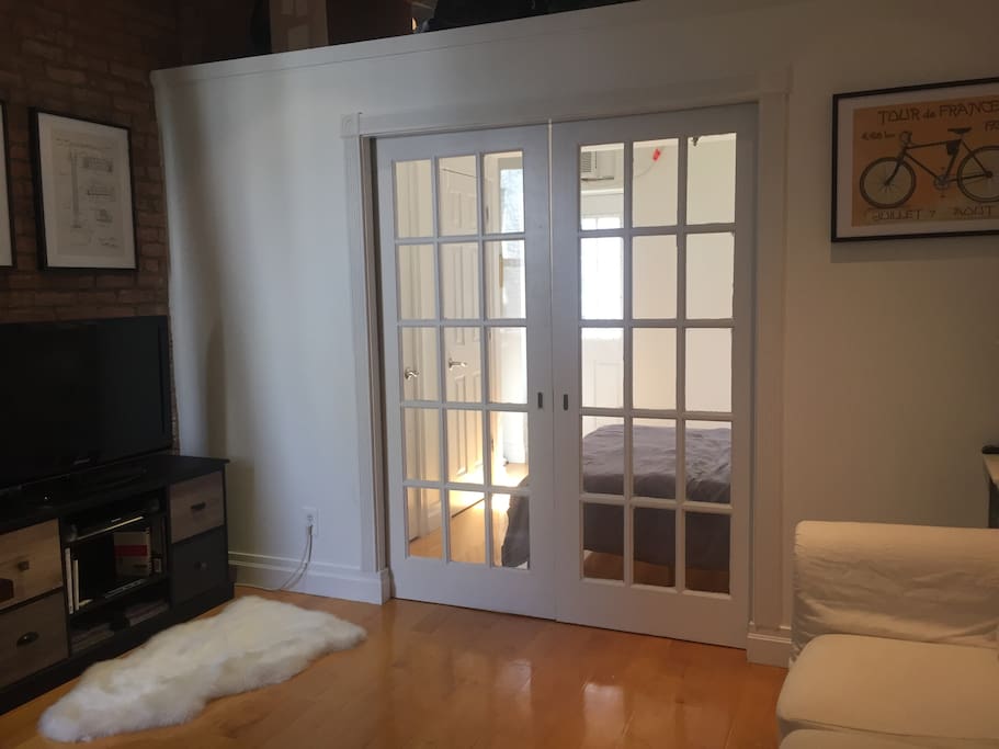 French doors open and close for convenience & privacy