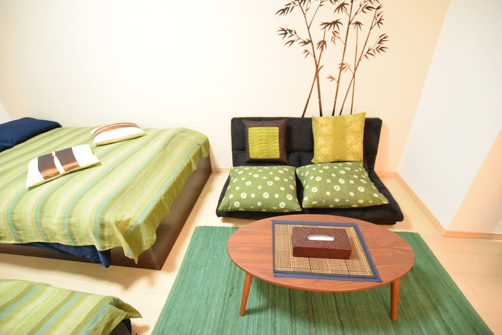 Semi double sofa bed and table