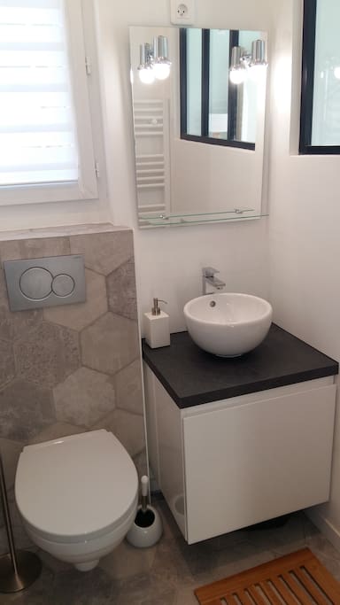 Salle d'eau (douche, WC suspendu, lavabo, serviettes et tapis fournis). La verrière donne sur le salon, un store permet de cacher si besoin.