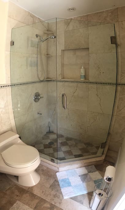Guest bathroom with custom marble and glass shower