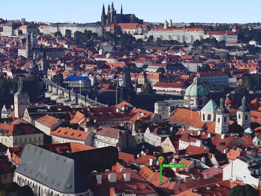 Location of the Herberghaus relative to Charles Bridge and the Prague Castle
