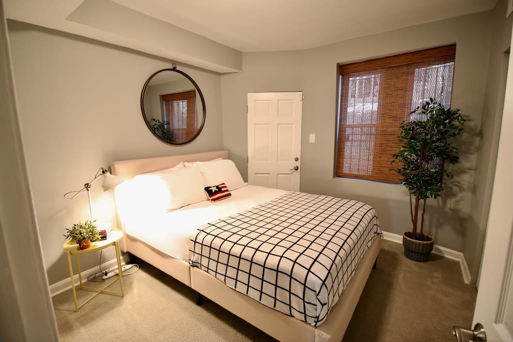 Rest peacefully in a queen sized bedroom with adjacent laundry area (washer & dryer)