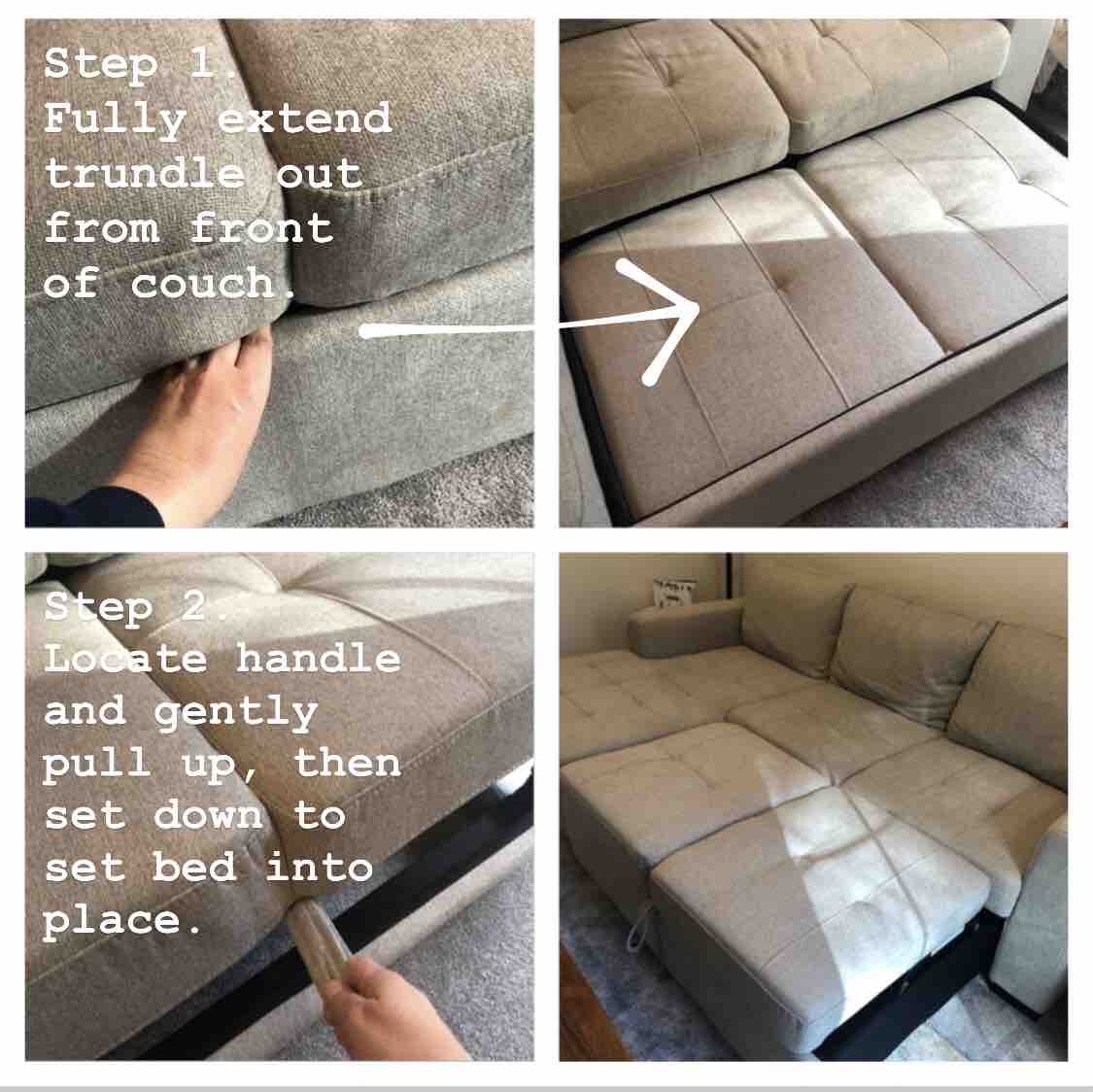 Upute za pretvaranje kauča u krevet. Pažljivo rastvorite patentni zatvarač na jastucima za naslon kako bi se mogao staviti na bračni krevet. 