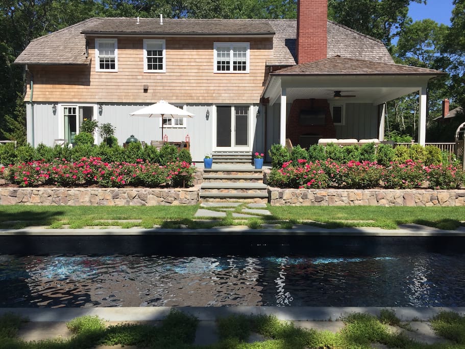 Beautifully landscaped back yard with pool and patio