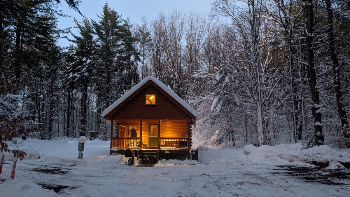 A log cabin is nestled among snow-covered trees, with warm light glowing from its windows. The structure features a front porch, surrounded by a winter landscape that includes ample snow and a gravel area for parking.