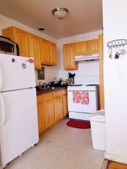 our humble kitchenette is flooded with light in the morning, the perfect place to make breakfast and coffee with our french press!