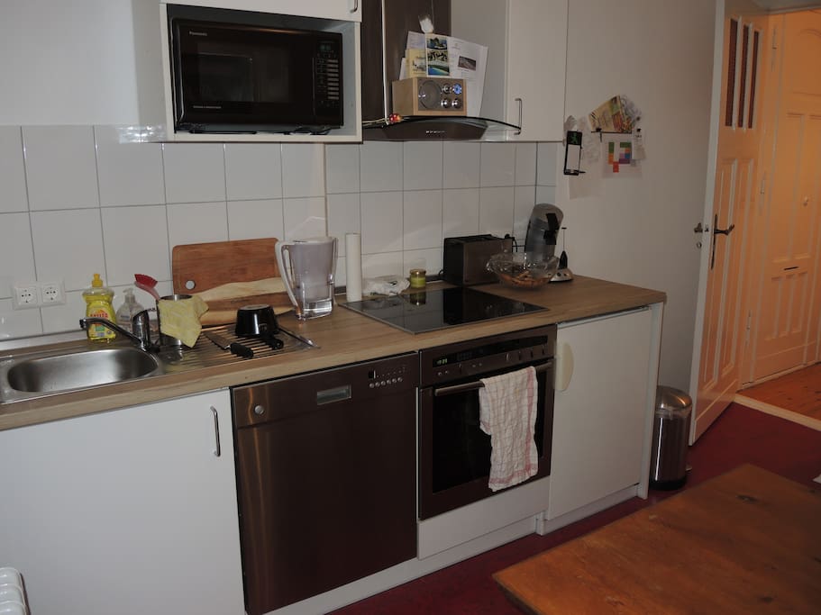 The kitchen with oven, cooker and dishwasher