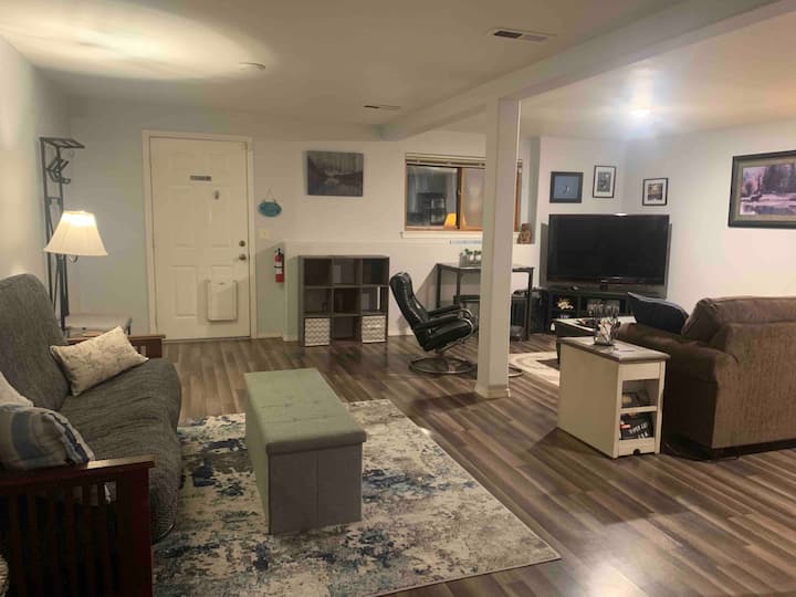 Très grand espace de vie avec futon, siège d'amour, tv, arbre du hall, petite table de café, rangement cube, chaise avec pouf et deux tables d'extrémité
