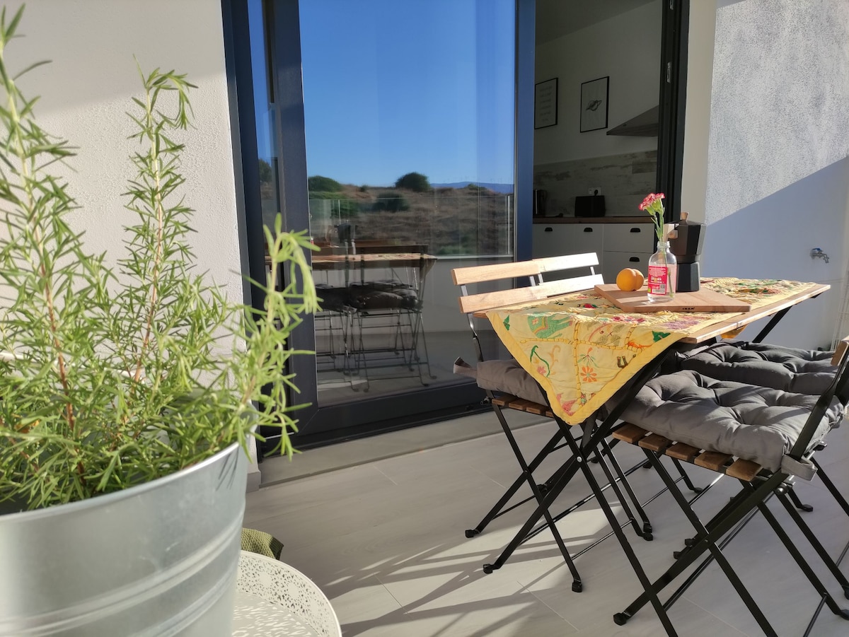 An outdoor terrace features a wooden table set with colorful tableware and flanked by four folding chairs with cushions. A potted plant adds greenery to the space. In the background, glass doors provide a view into the indoor living area.