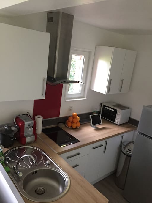 Cuisine tout équipée (Four, micro-ondes, réfrigérateur, machine à café, plaques induction)