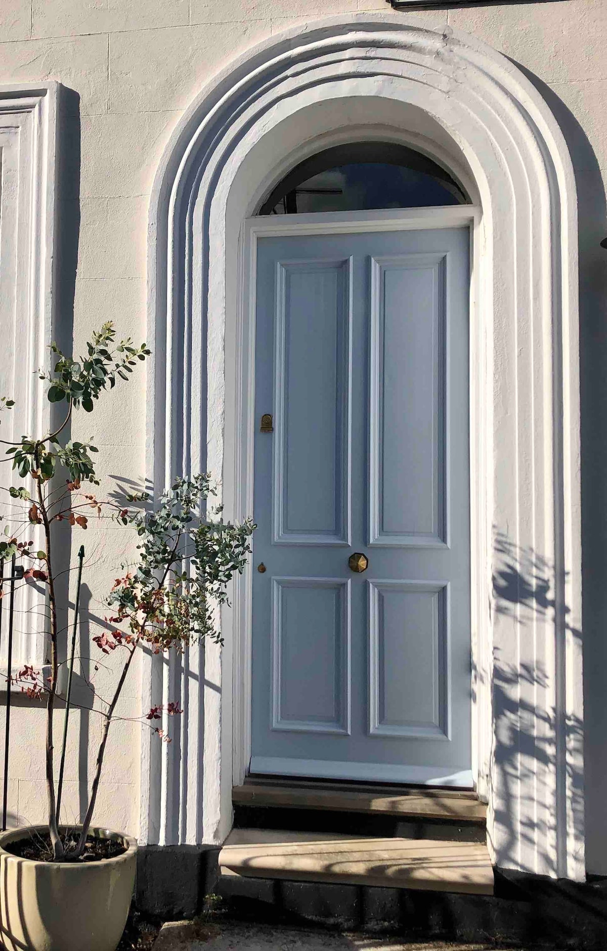 A pale blue double door is framed by an arched entrance, showcasing intricate detailing around the doorframe. A small planter with greenery is positioned beside the door, adding a touch of nature to the entrance.