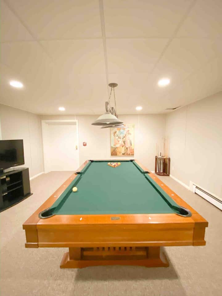 Full size pool table is in the recreation room. 
There are full size sofa and a love seat .