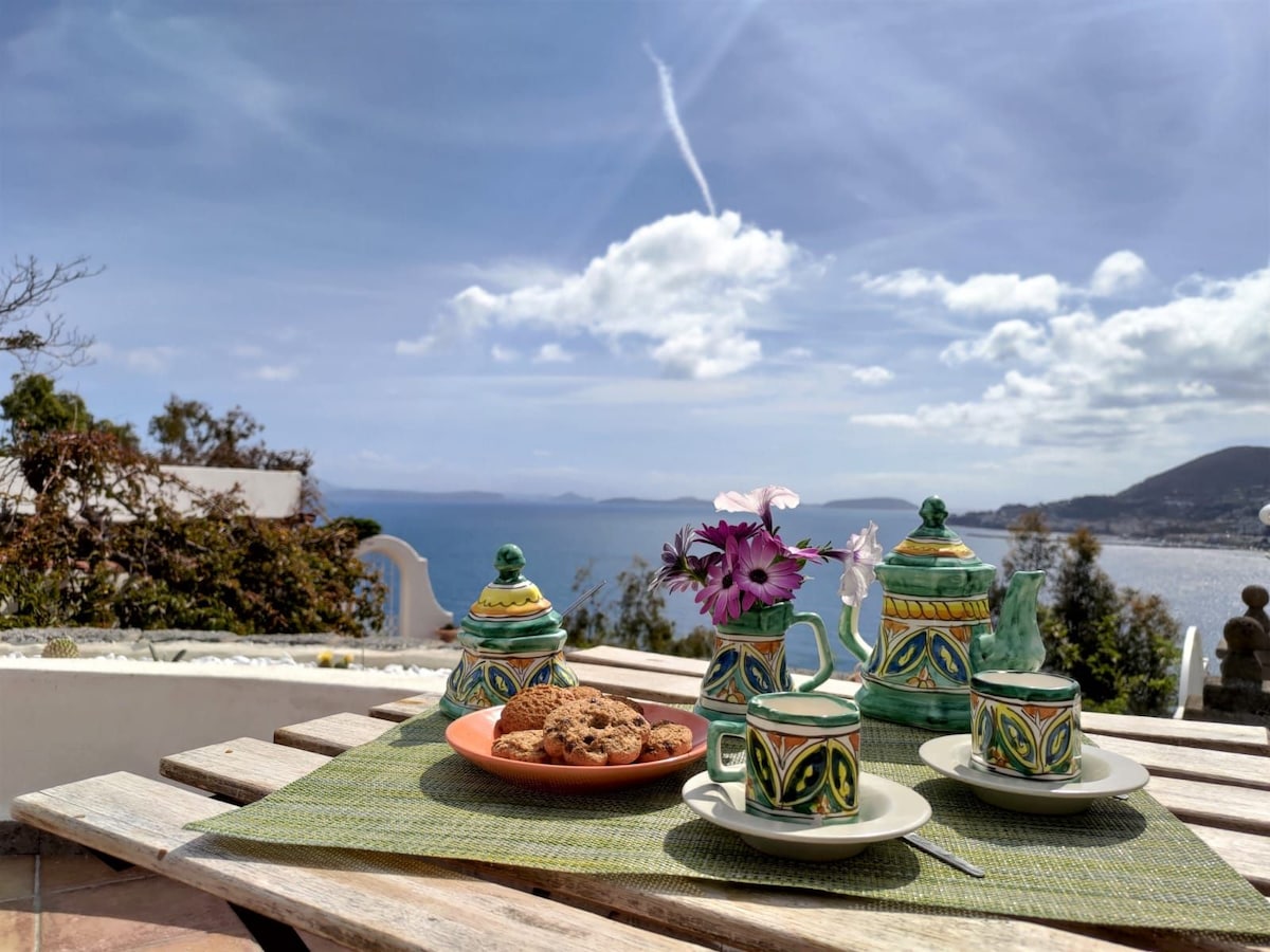 A wooden table is set outdoors with colorful ceramic tea pots and cups, adorned with floral designs. A small vase holds fresh flowers. A plate with cookies sits beside the cups, while the foreground features a vibrant green placemat. The scenic view of the sea and sky enhances the setting.