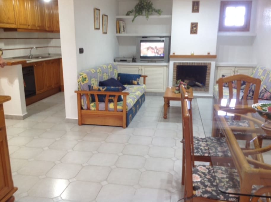 Living room with chimney.