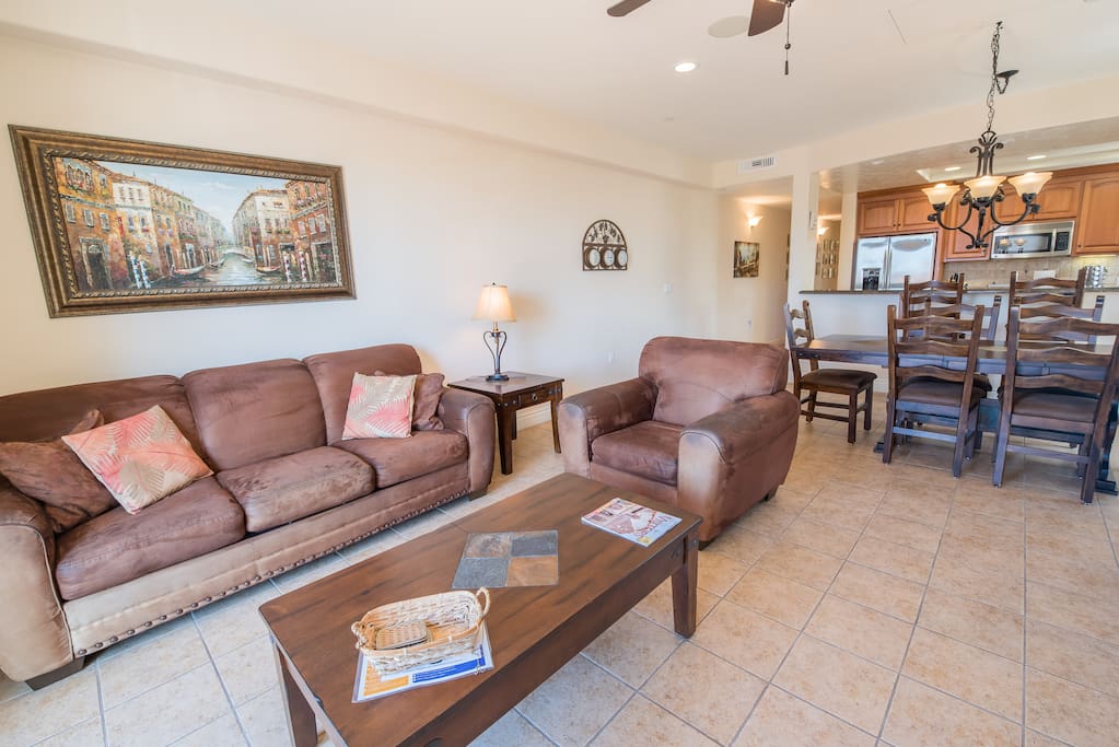 Perfect for group getaways, the open living area provides ample space. Complimentary Wi-Fi provided.