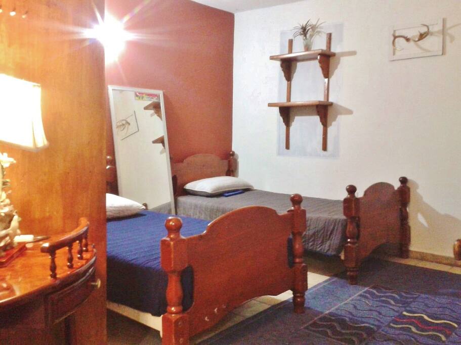 Encuentras un espejo de piso, ropa de cama, almohadas y sábanas limpias. En invierno colocamos cobijas por si te da frío.