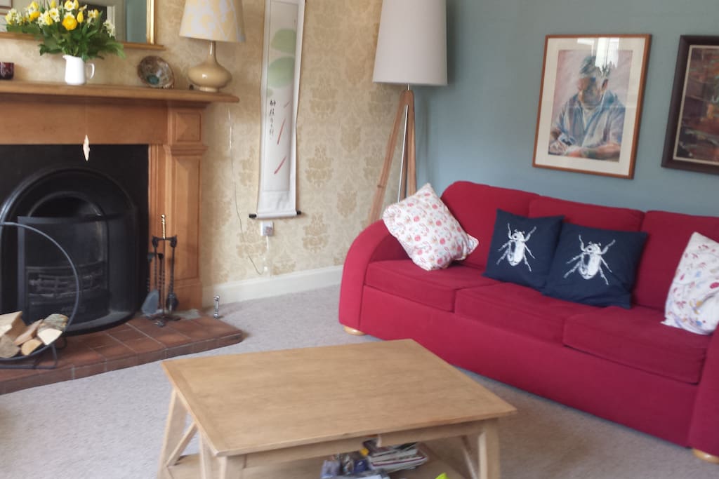 Main lounge with open fireplace. Showing red sofa bed, sleeps 2.