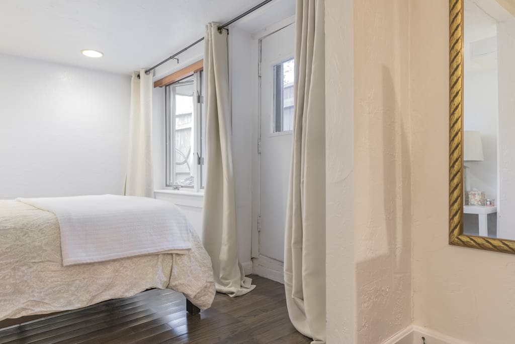 Light-blocking black-out shades in the bedroom.
