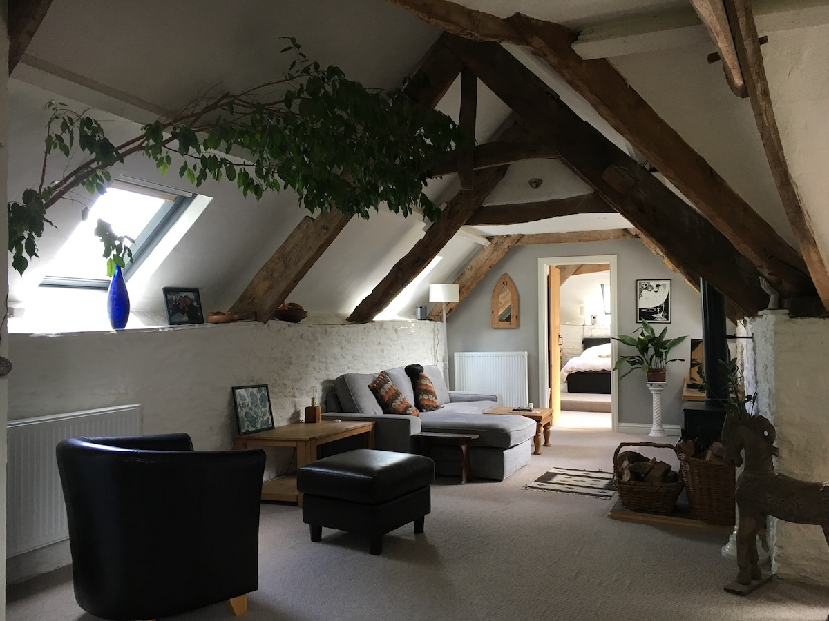 The spacious upstairs living area features exposed wooden beams and a cozy seating arrangement with a sectional sofa and a lounge chair. A small coffee table is present, along with decorative plants and artwork displayed on the walls. Natural light enters through angled skylights.
