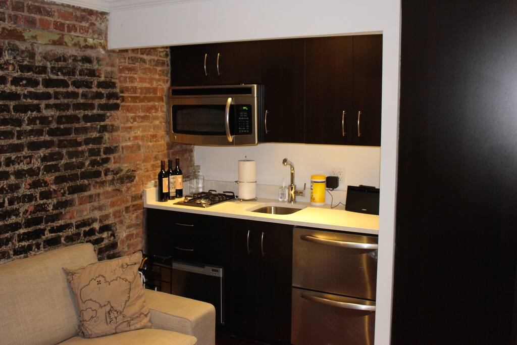 Small kitchen with tabletop stove, fridge/freezer, and dishwasher. Bose speakers can be used via aux cabl