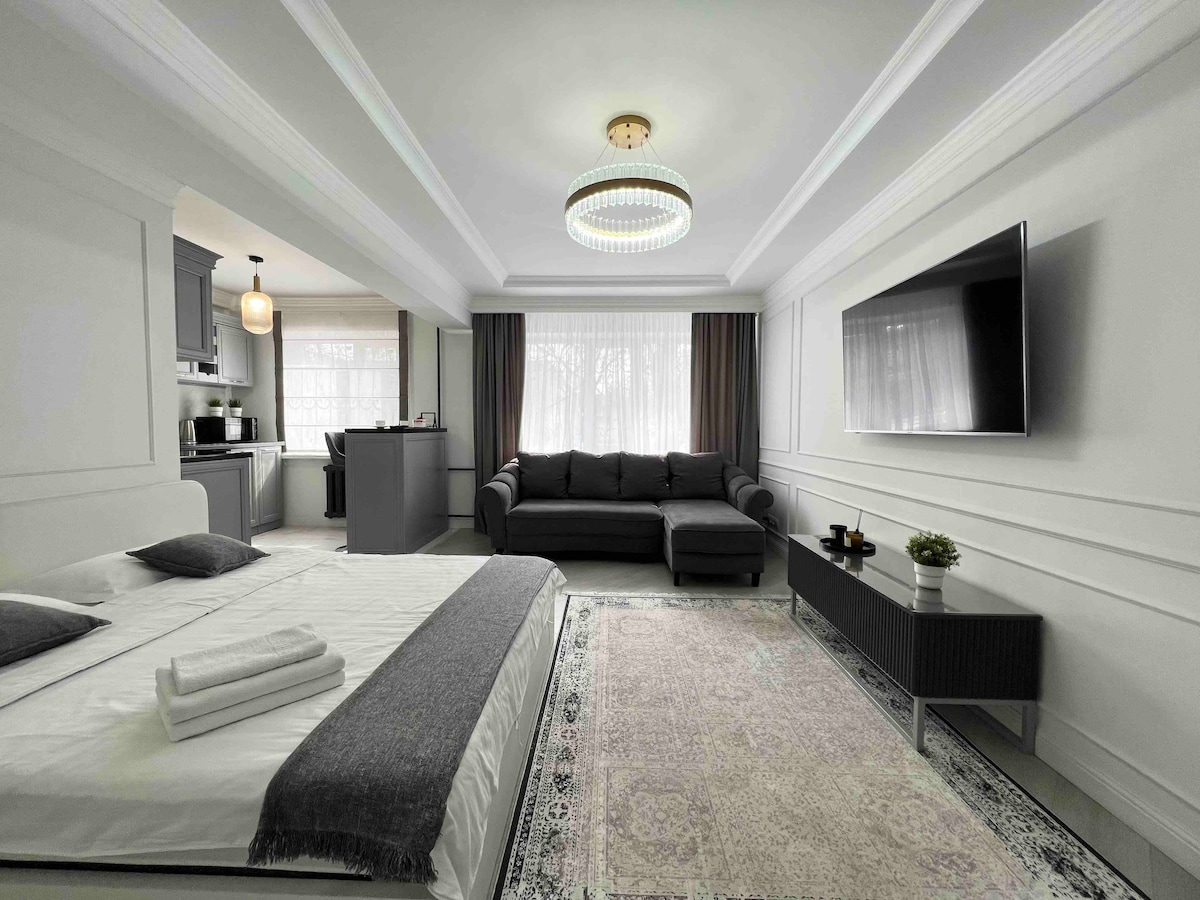 A spacious studio layout is presented with a large bed dressed in fresh linens and a cozy gray blanket. A comfortable sofa faces a wall-mounted Smart TV, while large windows allow natural light to fill the room. Elegant decor elements highlight the modern design.
