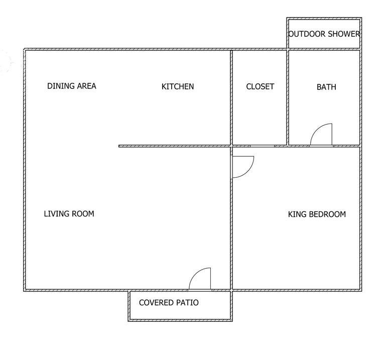 Layout of My Kite Tails, 1 king bedroom, full kitchen, living room and dining room and one full bath. Occupancy 4 guests.