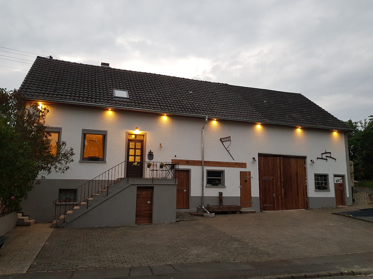 The exterior of a renovated farmhouse is depicted, showcasing a two-story structure with warm lighting accentuating its features. The entrance is highlighted by a welcoming front door and stairs leading to it. Elegant wooden shutters adorn the windows, complementing the rustic charm.