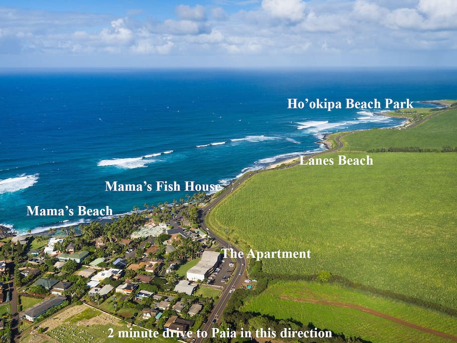 Aerial Map of the adjacent Kuau Area showing nearby Surf Spots, Beaches, Mama's Fish House, and Hana Hwy running along the coast.