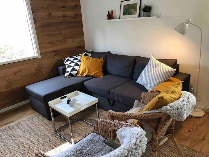 La sala de estar con sofá cama, mesa y sillones.

En inglés: sala de estar con sofá cama, mesa y sillas