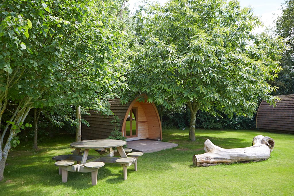 Table and bench located at each pod