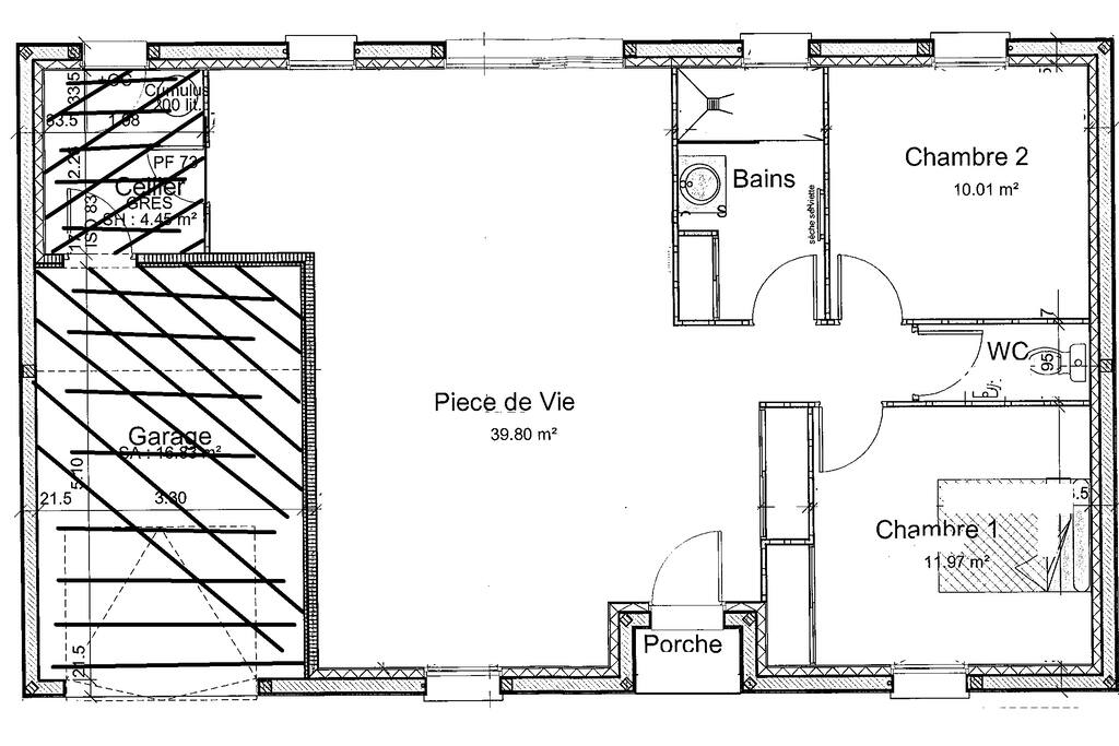 Plan de la maison. L'accès au cellier et au garage est condamné.