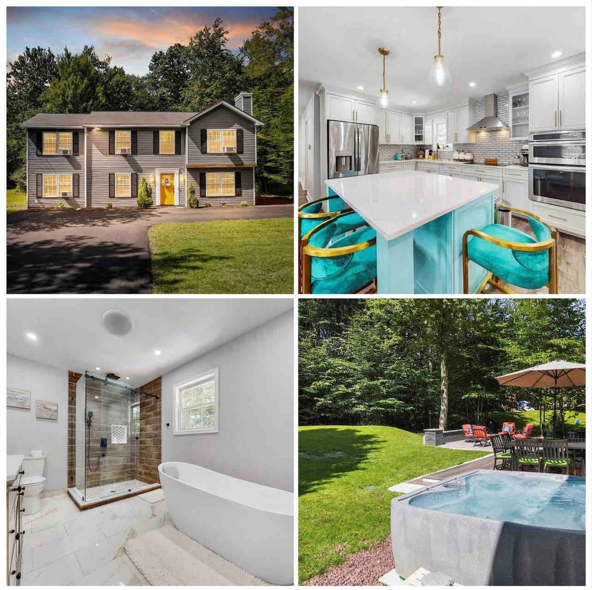 The exterior of the home showcases a large two-story structure surrounded by trees, with welcoming lights at the entrance. A spacious kitchen features a central island with turquoise bar stools, complemented by modern appliances and sleek cabinetry. A bright bathroom contains a freestanding bathtub and a glass-enclosed shower. The outdoor area highlights a hot tub and relaxation space under a shaded umbrella, set amidst a grassy landscape.