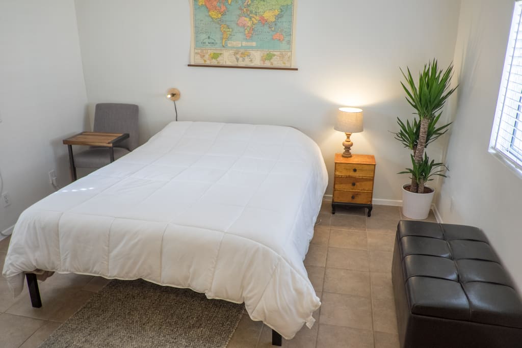 View of the bed when you first walk in the door.