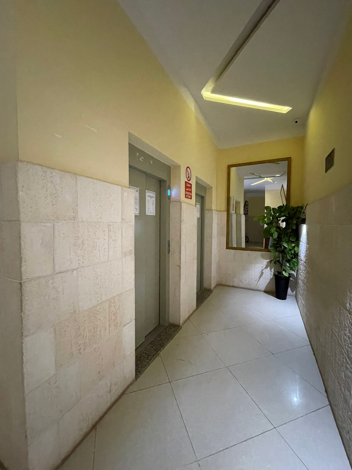 A well-lit hallway features two elevator doors opposite a large mirror. Textured beige walls are complemented by glossy white floor tiles. A potted plant adds a touch of greenery, enhancing the overall welcoming environment of the entrance area.
