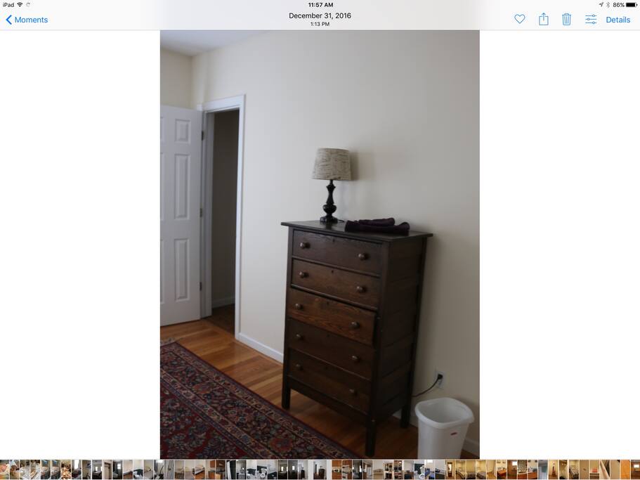 Your own dresser, and a large walk in closet, gives you plenty of storage space for clothes, suitcases, books, shoes, and purchases. Hangers are plentiful.