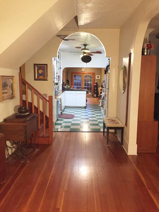 Welcome to our spacious 3BR home, viewed from front entry. Upstairs is the Master suite. Main floor has (Center) Kitchen & more, (Left) Bedrooms BR2 & BR3, Bathroom BA2, (Right) Dining & Living rooms