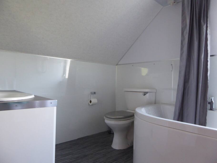 Wash hand basin, toilet, bath with electric shower above. Hand held shower attachment also in bath.
