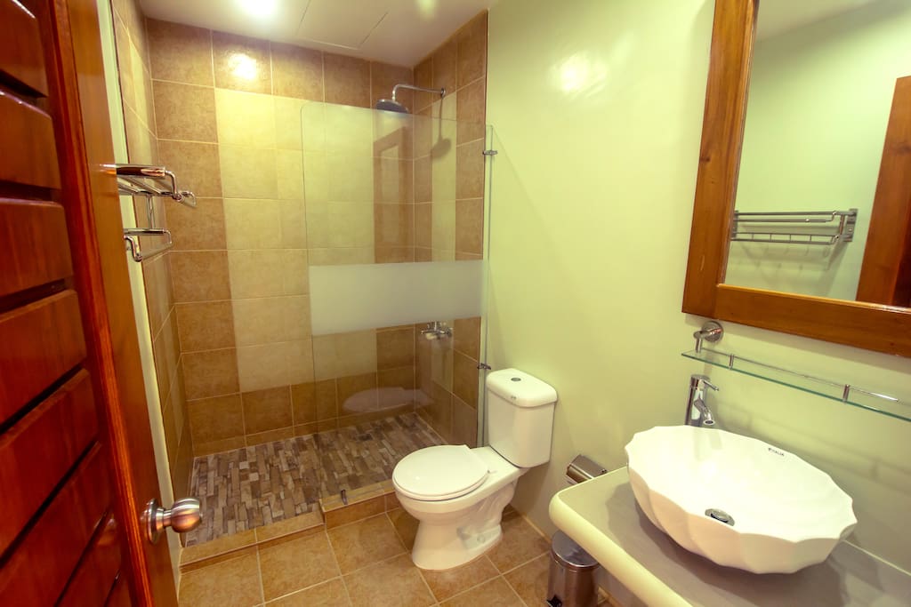 Large modern washrooms with Hot/cold rainwater showerheads