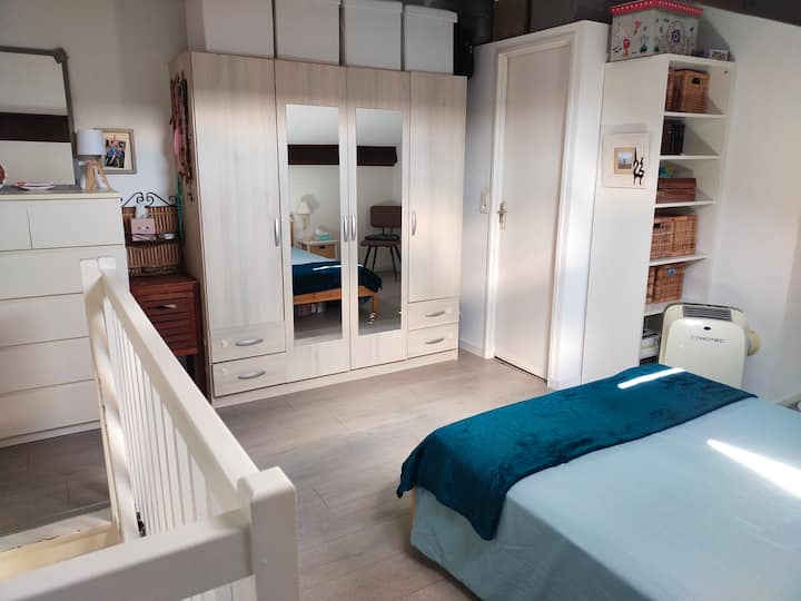 带门可以俯瞰楼上马桶的卧室 