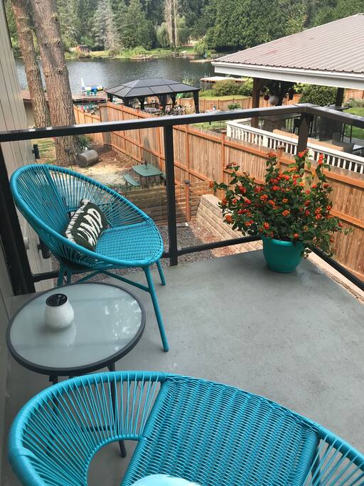 Cozy private deck off your room for an evening glass of wine or coffee in the morning.