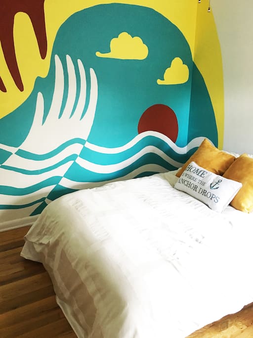 Comfy double bed with pillow top mattress and down comforter with duvet.