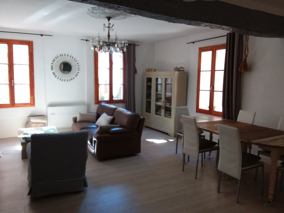 A spacious living area is visible, featuring a comfortable brown sofa and a light-coloured armchair. A wooden dining table with white chairs accommodates guests. Natural light fills the room through multiple windows with orange frames, and a decorative mirror and chandelier add to the décor.