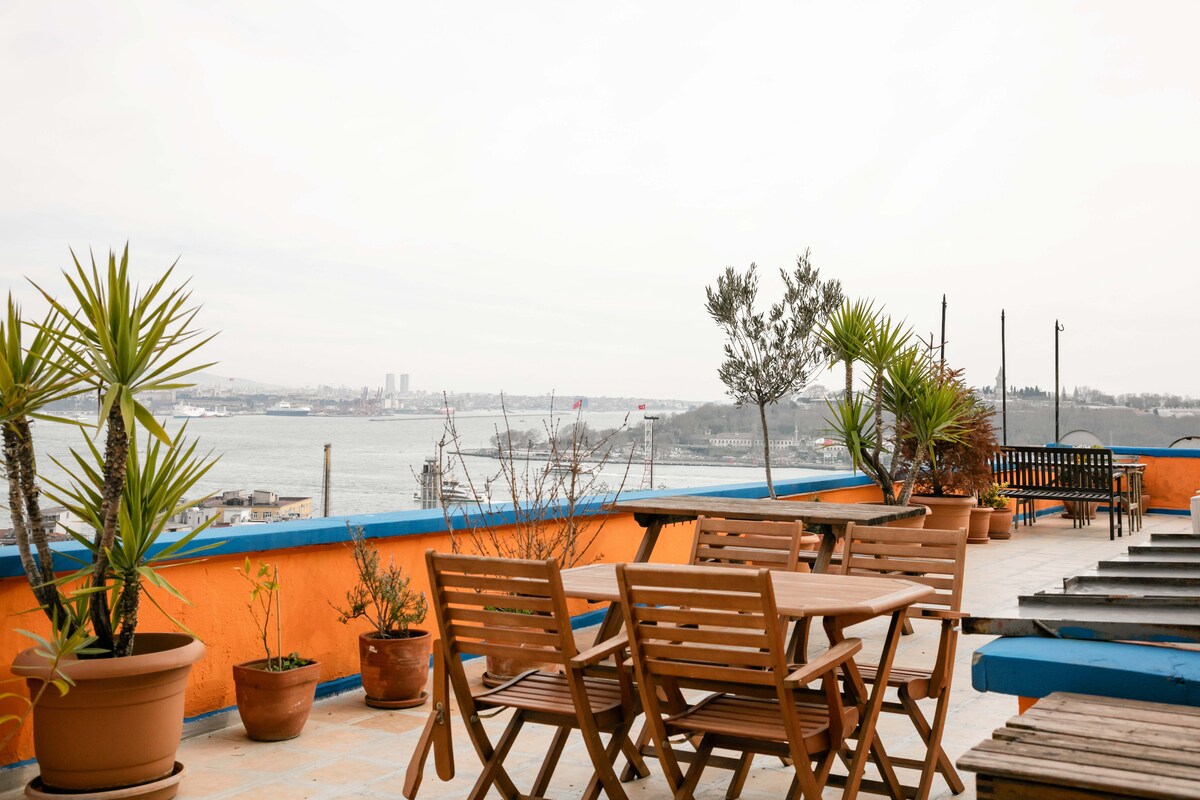 A shared terrace features wooden tables and chairs arranged among potted plants. The bright blue and orange walls surround the area, providing a pop of color against the serene background of the water and distant cityscape.